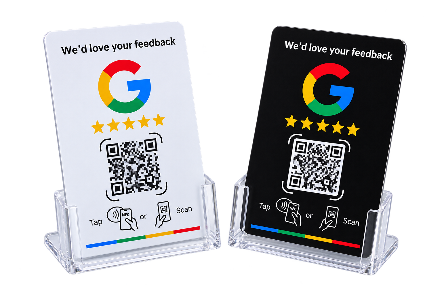 Tarjetas NFC de reseñas de Google, en blanco y negro, sobre expositor de metacrilato